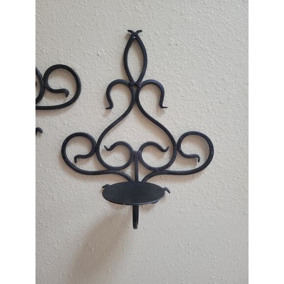 2 Vintage Wall Sconce Candle Holders, Black Wrought Iron Metal - Picture 2 of 5